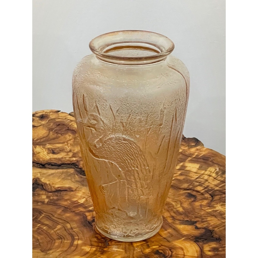 Merigold Carnival Glass Vase Stork Heron Cattails Flowers Iridescent Vintage - Picture 3 of 15